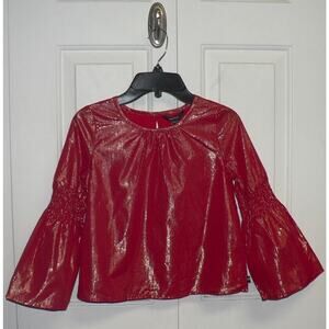 Nautica Girls Smocked Bell Sleeve Blouse Cherry Red Gold Metallic Stripe 7 $40